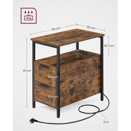 Mesa de apoio com tomadas integradas e portas USB ROD castanho/preto