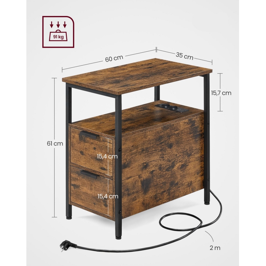 Mesa de apoio com tomadas integradas e portas USB ROD castanho/preto