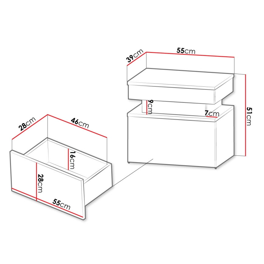 Mesa de cabeceira com iluminação LED GLOSSA 55x51 cm branco/branco lacado brilhante
