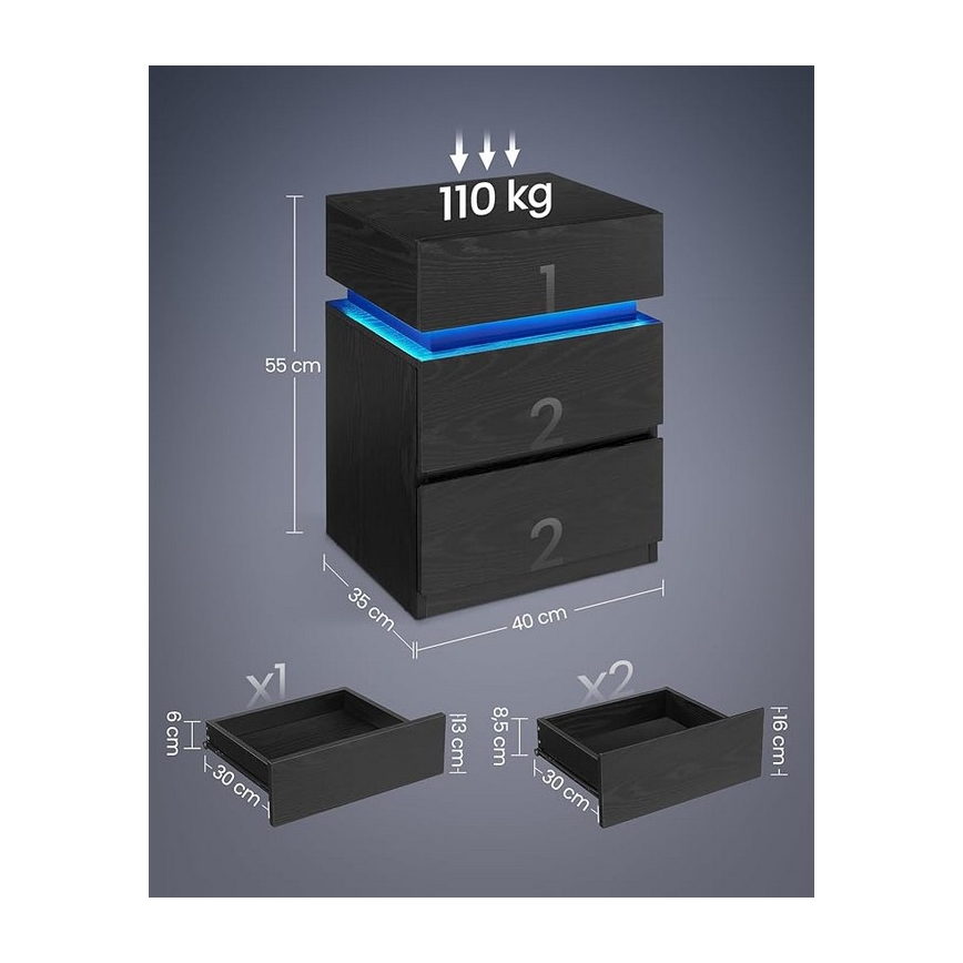 Mesa de cabeceira SMARTIE com iluminação integrada, preta