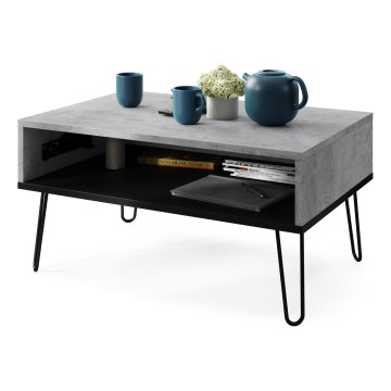 Mesa de centro com tampo elevatório e prateleira HALIJA, cinzento betão/preto