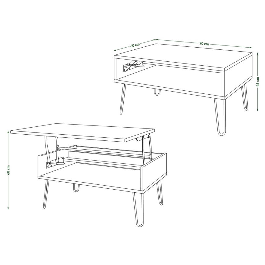 Mesa de centro com tampo elevatório e prateleira HALIJA, cinzento betão/preto