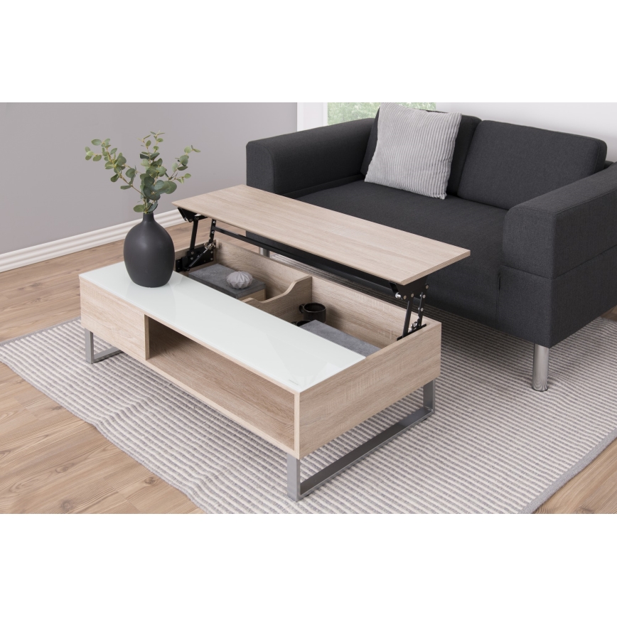 Mesa de centro com tampo elevável ENZO 110x60 cm branco/carvalho sonoma