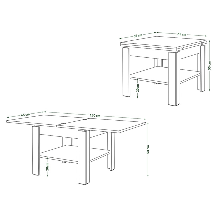 Mesa de centro/jantar extensível com prateleira de arrumação LIA branco