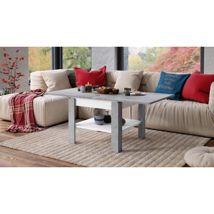 Mesa de centro/jantar extensível com prateleira de arrumação LIA cinza cimento/branco