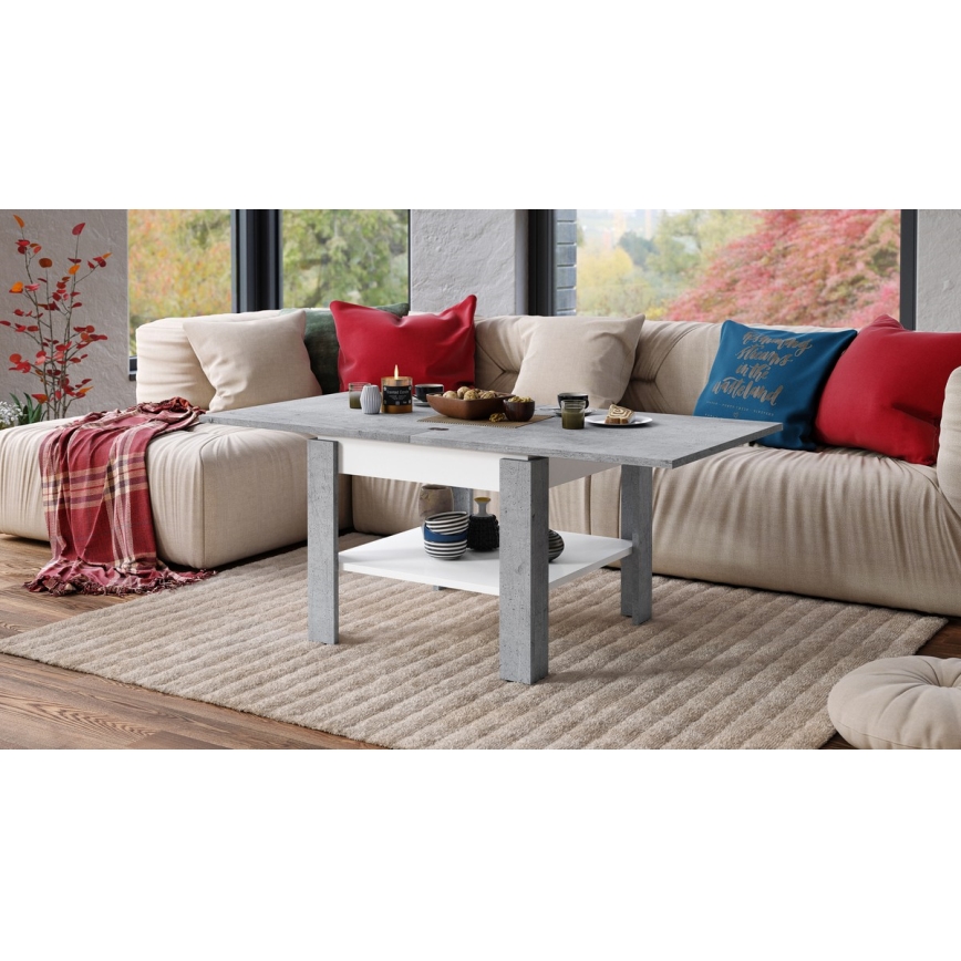 Mesa de centro/jantar extensível com prateleira de arrumação LIA cinza cimento/branco