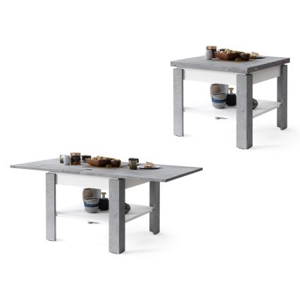 Mesa de centro/jantar extensível com prateleira de arrumação LIA cinza cimento/branco