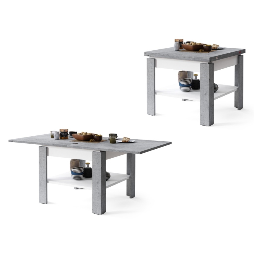 Mesa de centro/jantar extensível com prateleira de arrumação LIA cinza cimento/branco