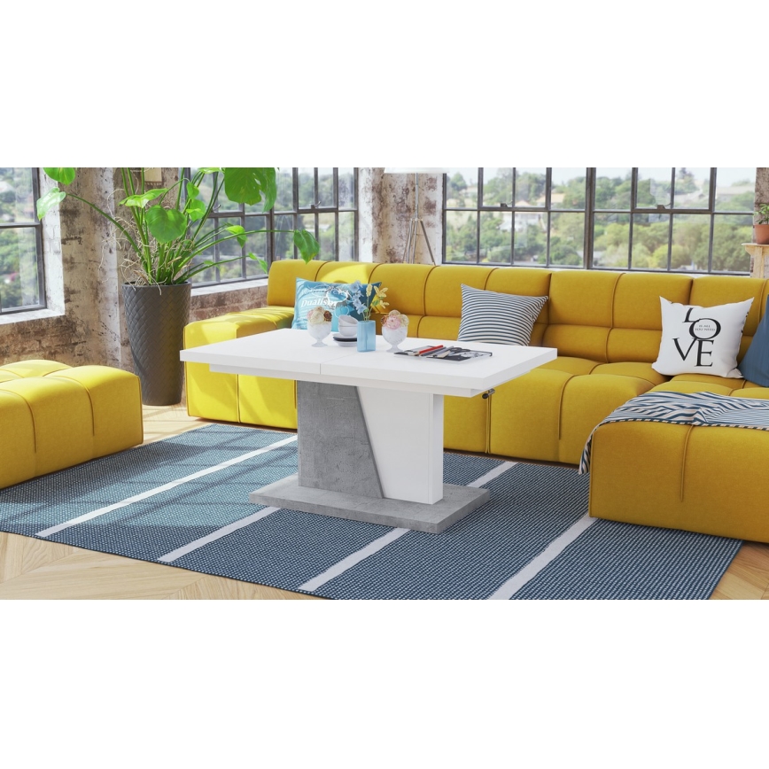 Mesa de centro/jantar extensível com tampo elevatório NINO branco/cinza betão