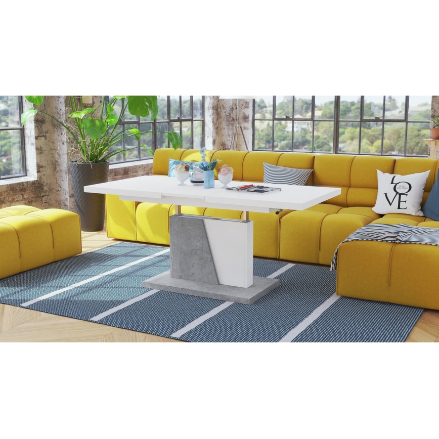 Mesa de centro/jantar extensível com tampo elevatório NINO branco/cinza betão