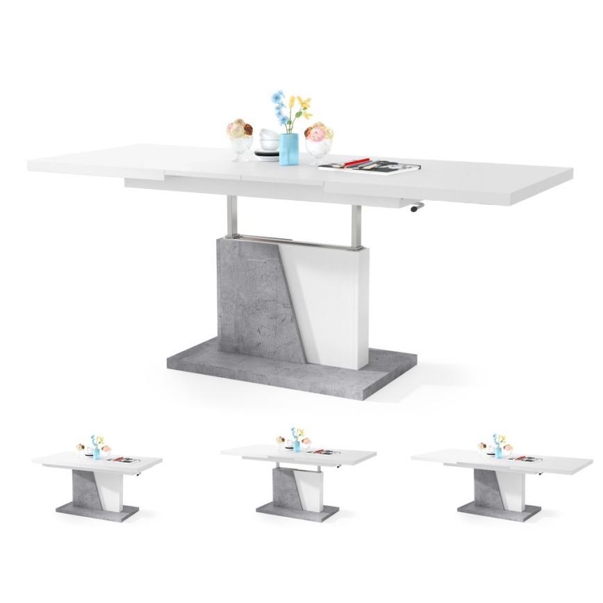 Mesa de centro/jantar extensível com tampo elevatório NINO branco/cinza betão