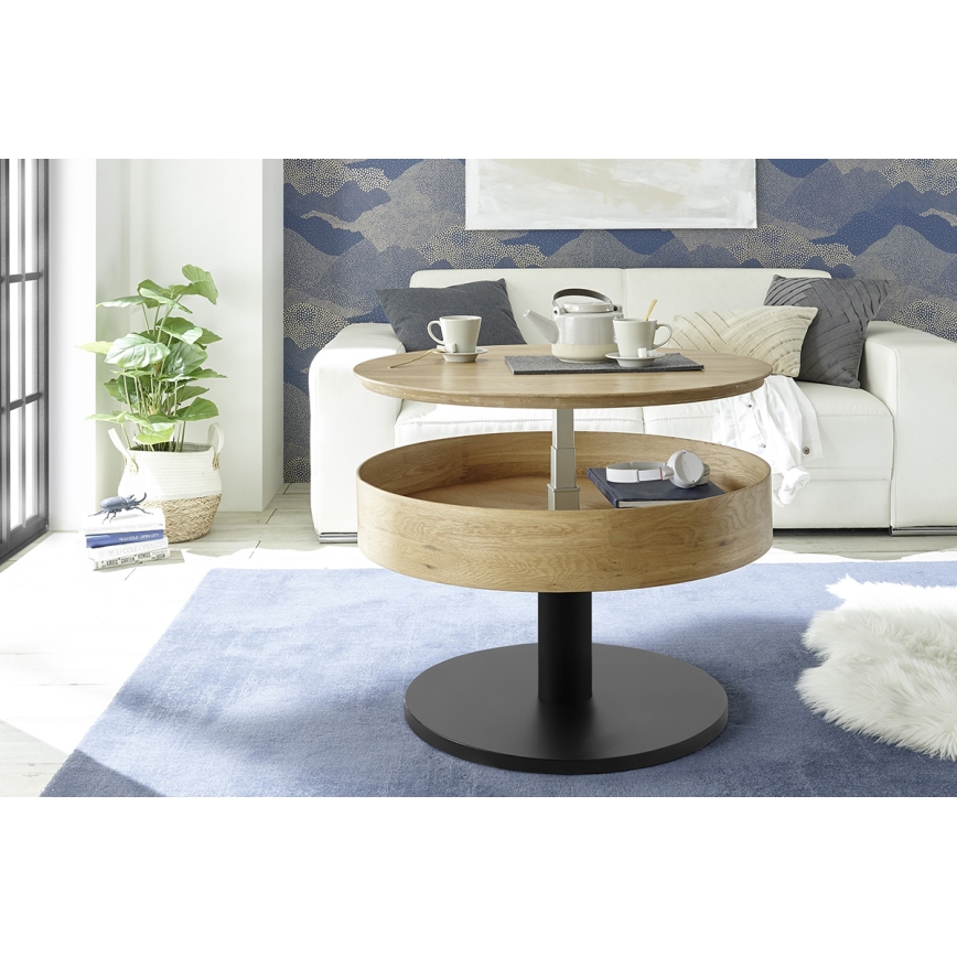 Mesa de centro ELEMENT com tampo elevatório, diâmetro 75 cm, carvalho/preto