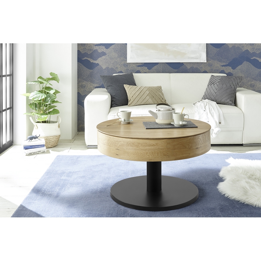 Mesa de centro ELEMENT com tampo elevatório, diâmetro 75 cm, carvalho/preto
