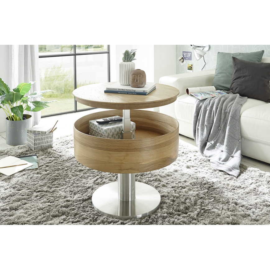 Mesa de centro ELEMENT com tampo elevável, diâmetro 60 cm, carvalho/prata