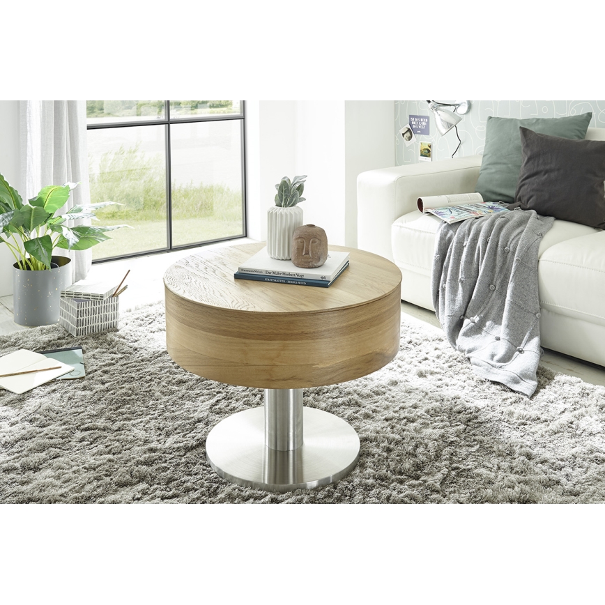Mesa de centro ELEMENT com tampo elevável, diâmetro 60 cm, carvalho/prata