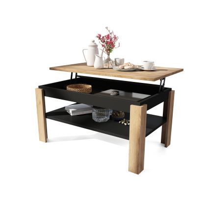 Mesa de centro extensível ADEN com tampo elevatório e prateleira carvalho craft/preto