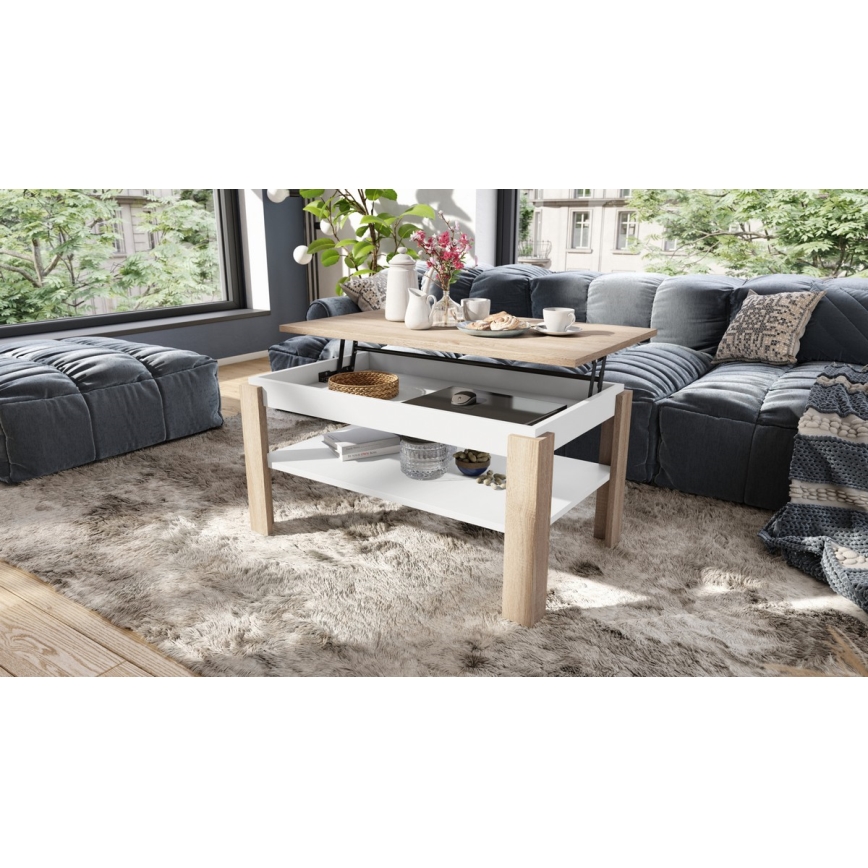 Mesa de centro extensível ADEN com tampo elevatório e prateleira, carvalho sonoma/branco