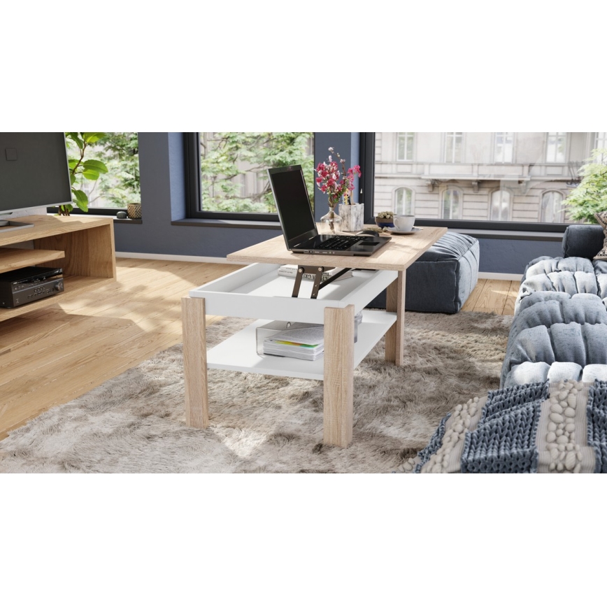 Mesa de centro extensível ADEN com tampo elevatório e prateleira, carvalho sonoma/branco