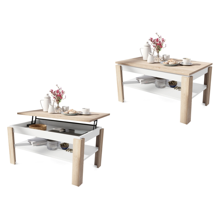 Mesa de centro extensível ADEN com tampo elevatório e prateleira, carvalho sonoma/branco