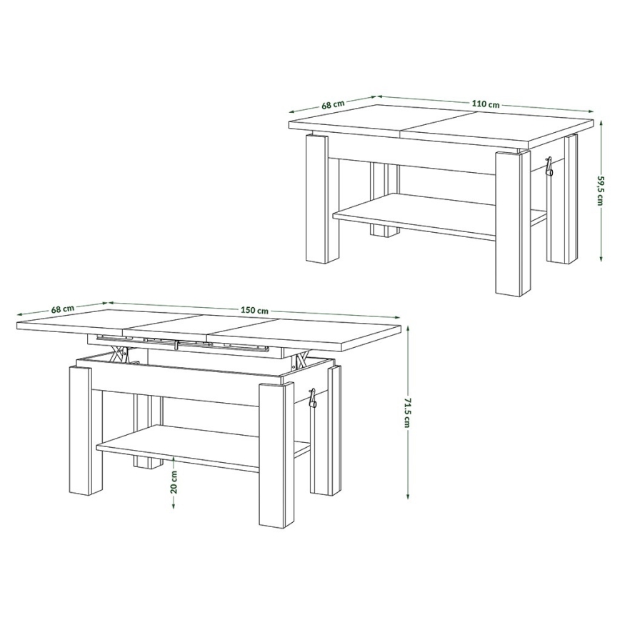 Mesa de centro extensível com prateleira ADONIS 110/150x68 cm carvalho craft