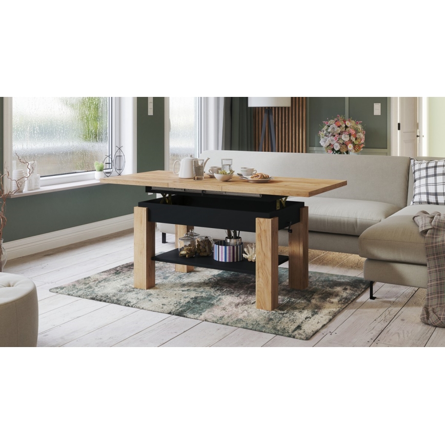 Mesa de centro extensível com prateleira ADONIS 110/150x68 cm carvalho craft/preto