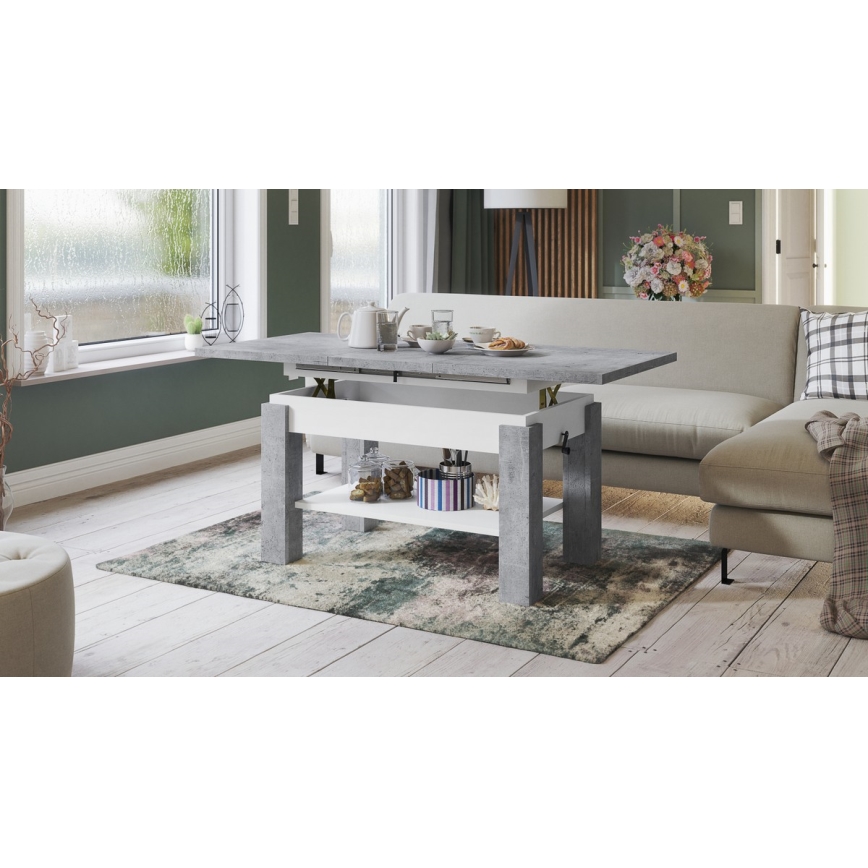 Mesa de centro extensível com prateleira ADONIS 110/150x68 cm cinzento betão/branco