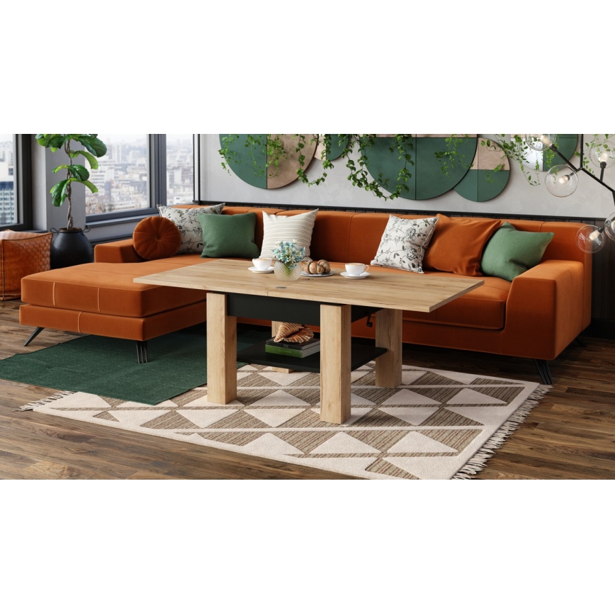 Mesa de centro extensível com tampo elevatório CALEB 75/150x75 cm carvalho craft/preto