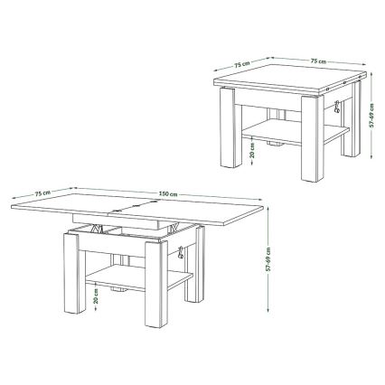 Mesa de centro extensível com tampo elevatório CALEB 75/150x75 cm carvalho craft/preto