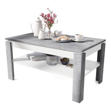 Mesa de centro extensível com tampo elevatório e prateleira ADEN cinza cimento/branco