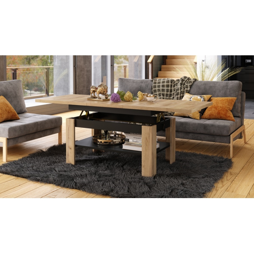 Mesa de centro extensível com tampo elevatório ROY 130/170x65 cm carvalho craft/preto
