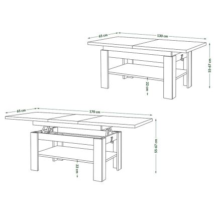 Mesa de centro extensível com tampo elevatório ROY 130/170x65 cm carvalho craft/preto