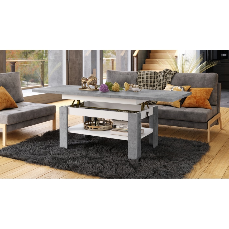 Mesa de centro extensível com tampo elevatório ROY 130/170x65 cm cinzento betão/branco