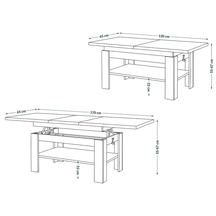 Mesa de centro extensível com tampo elevável ROY 130/170x65 cm branca