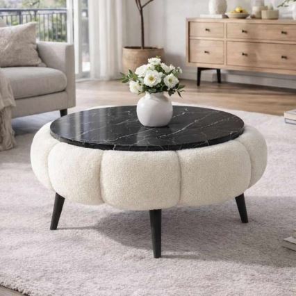 Mesa de centro FELPO Ø 60 cm preta/branca/acabamento em mármore
