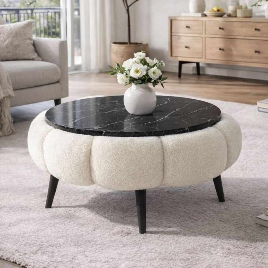 Mesa de centro FELPO Ø 60 cm preta/branca/acabamento em mármore