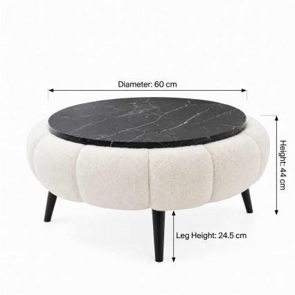 Mesa de centro FELPO Ø 60 cm preta/branca/acabamento em mármore