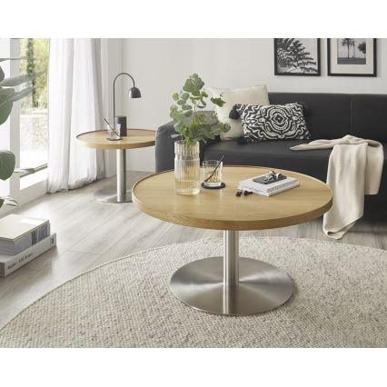 Mesa de centro FOCUS, diâmetro 80 cm, carvalho/inox