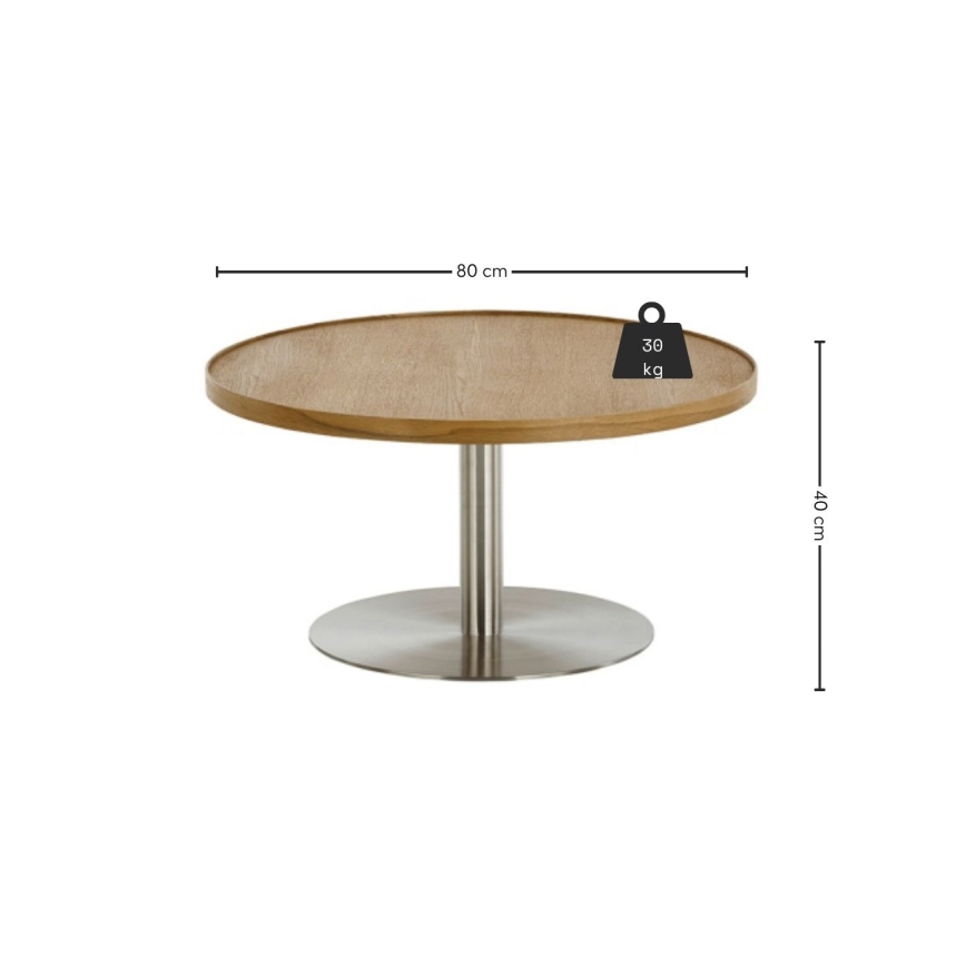 Mesa de centro FOCUS, diâmetro 80 cm, carvalho/inox