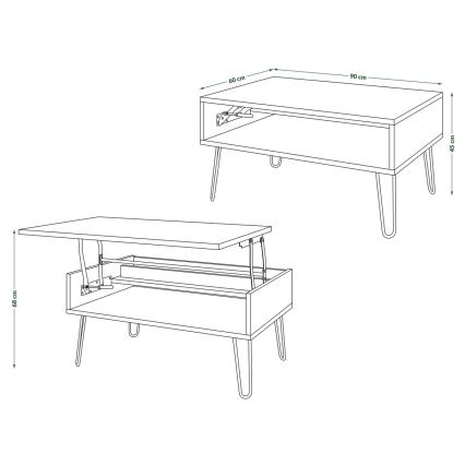 Mesa de centro HALIJA com tampo elevatório e prateleira, branca/preta