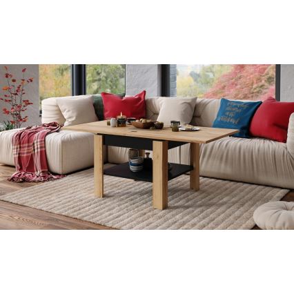 Mesa de centro/mesa de jantar extensível com prateleira de arrumação LIA carvalho craft/preto