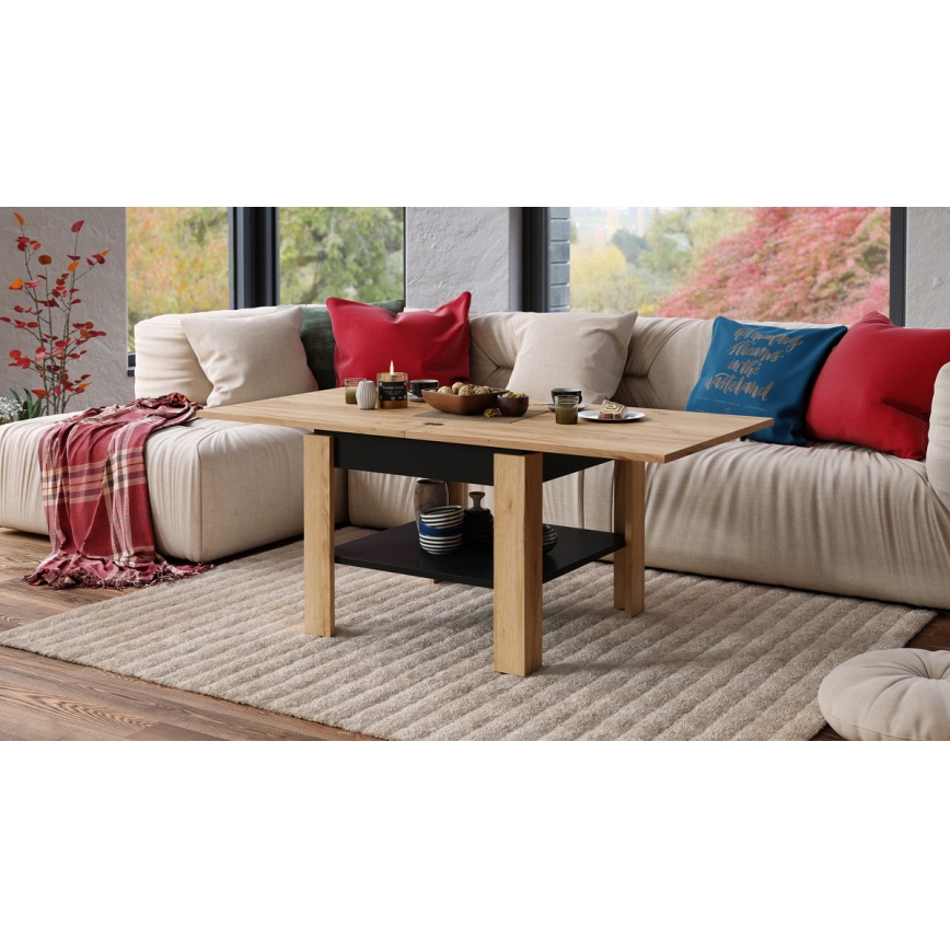 Mesa de centro/mesa de jantar extensível com prateleira de arrumação LIA carvalho craft/preto