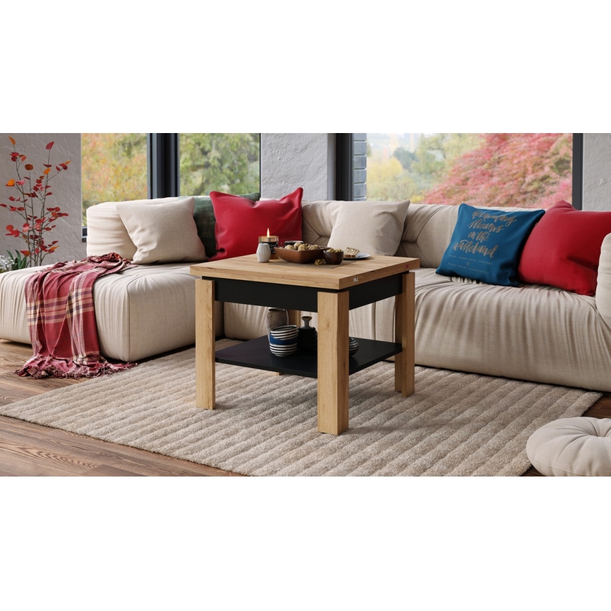 Mesa de centro/mesa de jantar extensível com prateleira de arrumação LIA carvalho craft/preto