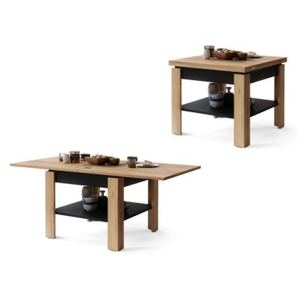 Mesa de centro/mesa de jantar extensível com prateleira de arrumação LIA carvalho craft/preto