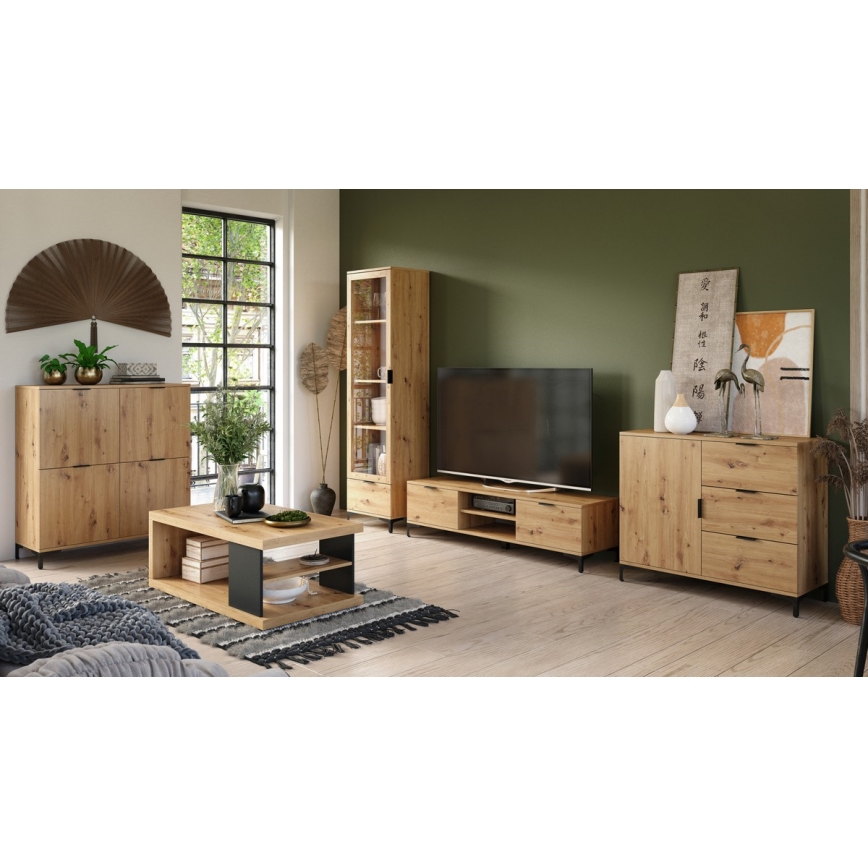 Mesa de centro LORA com prateleira e espaço de arrumação, carvalho artisan/preto