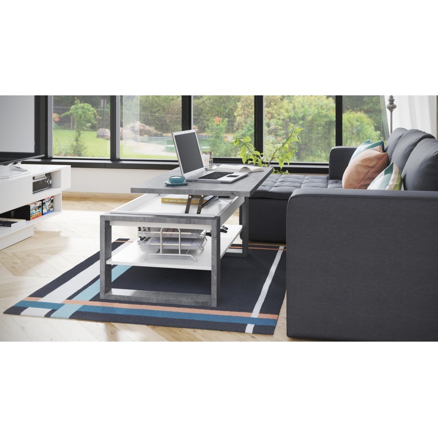Mesa de centro NEA com tampo elevatório e prateleira, cinzento betão/branco