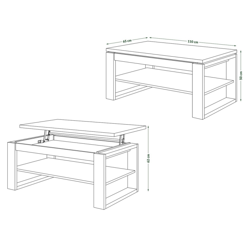 Mesa de centro NEA com tampo elevatório e prateleira, cinzento betão/branco