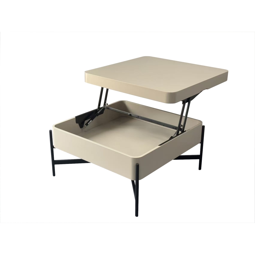 Mesa de centro OASIS 75x75 cm com tampo elevatório e prateleira, creme/preto