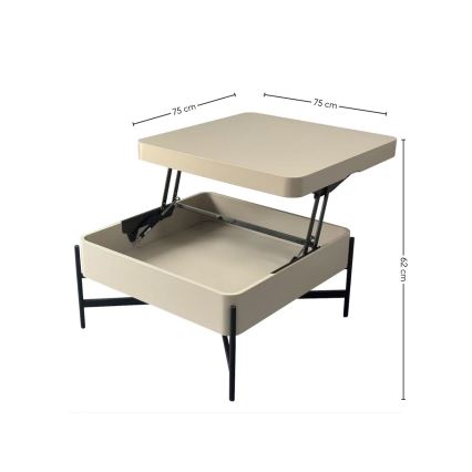 Mesa de centro OASIS 75x75 cm com tampo elevatório e prateleira, creme/preto