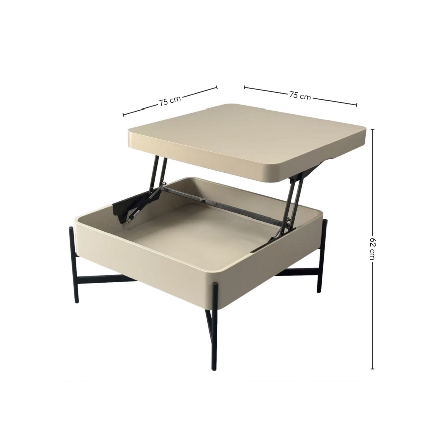Mesa de centro OASIS 75x75 cm com tampo elevatório e prateleira, creme/preto