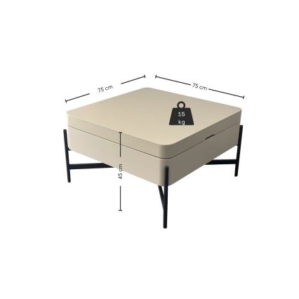 Mesa de centro OASIS 75x75 cm com tampo elevatório e prateleira, creme/preto